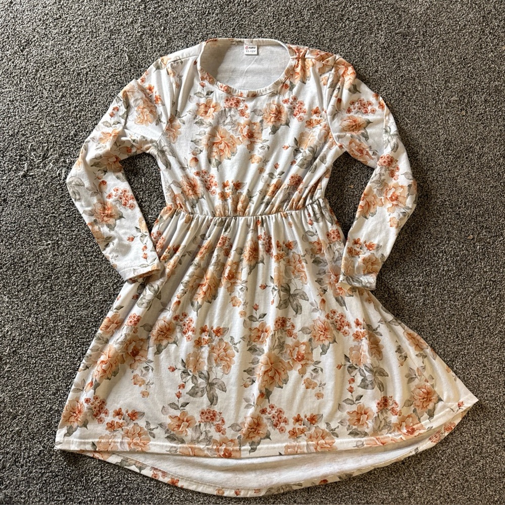 Pat Pat Floral Print Long Sleeve Maxi Dress Girls 11–12Y Cream Beige Youth Girls